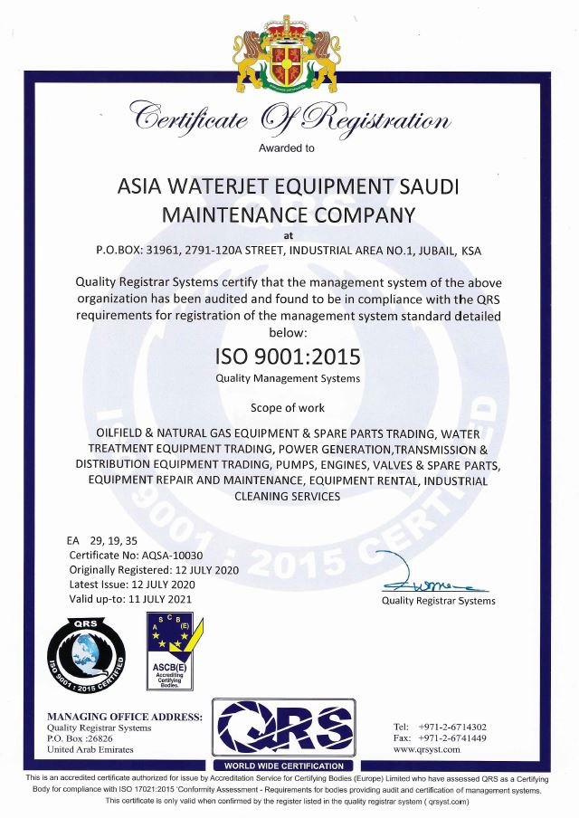 ASIA WATERJET EQUIPMENT MAINTENANCE FOR SAUDI CO - ISO 9001:2015 CERTIFICATE