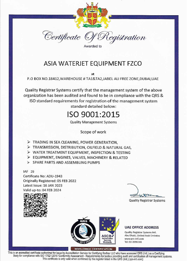 ASIA WATERJET EQUIPMENT FZCO - ISO 9001:2015 CERTIFICATE 